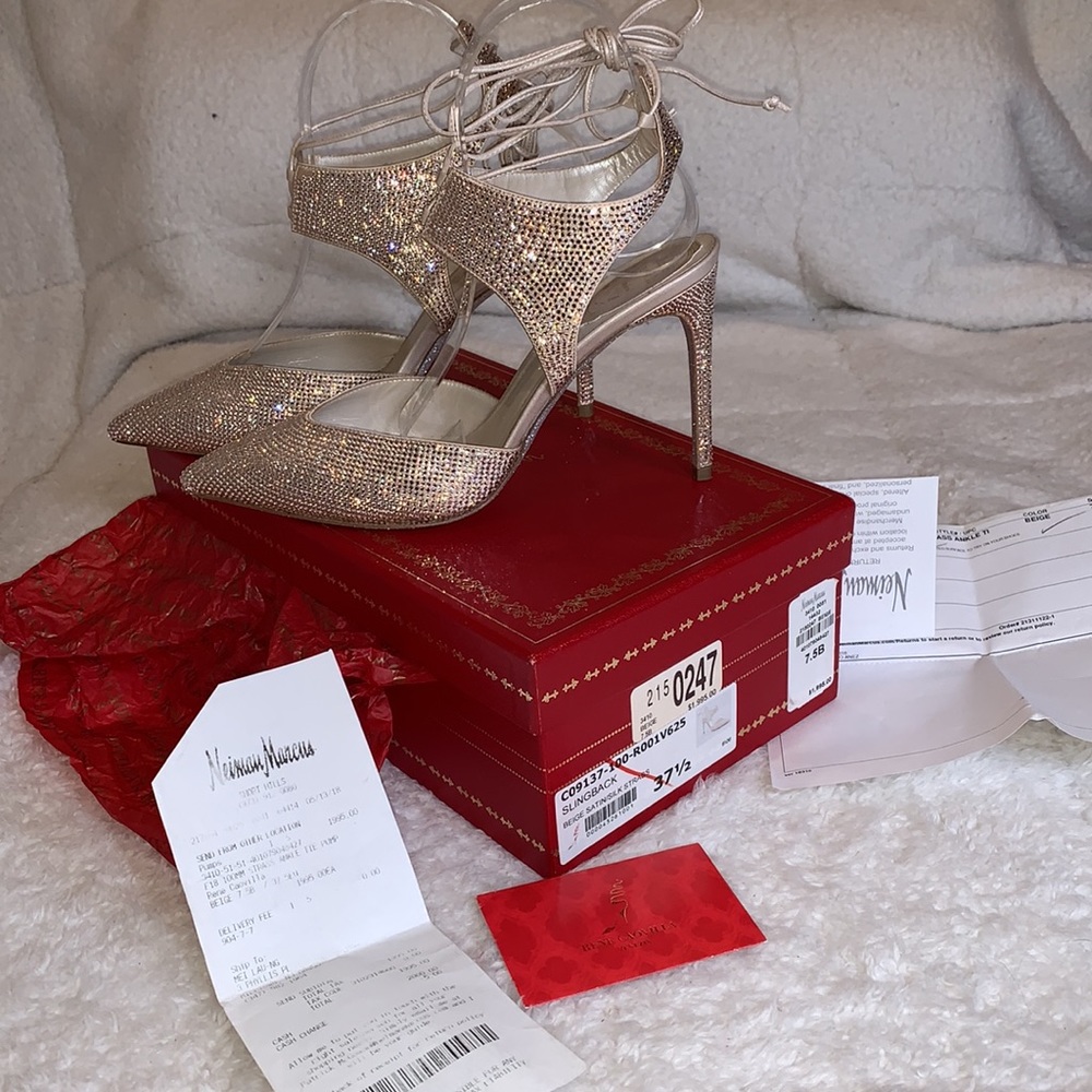 RENE CAOVILLA beige satin silk strass slingback 37.5 7.5